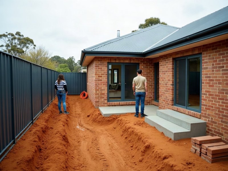 A couple in the bare dirt yard of their new build
