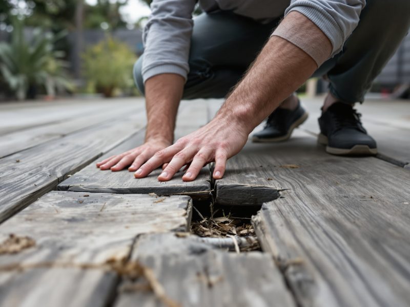 A man checking a split board on an old weathered deck