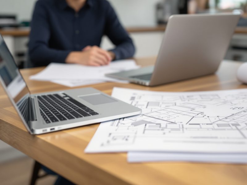 Building plans and paperwork spread out on a kitchen table