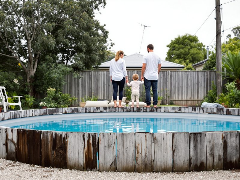 A family beside a pool ringed with tired grey timber