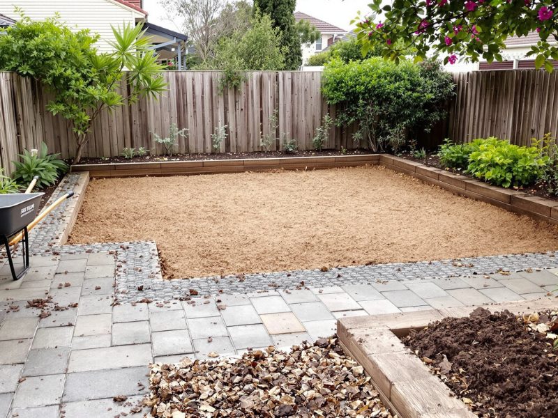 A back yard part way through a renovation with a bare patch left for a deck