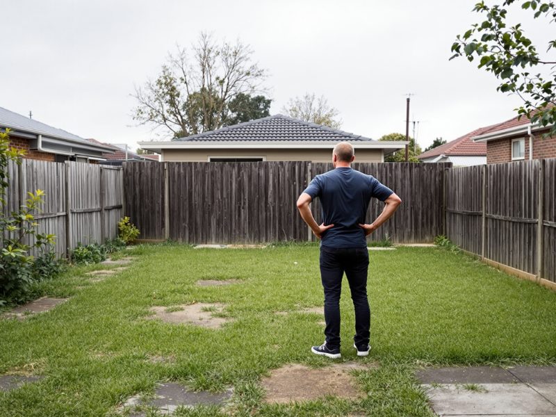 A couple looking at a tired back yard before selling